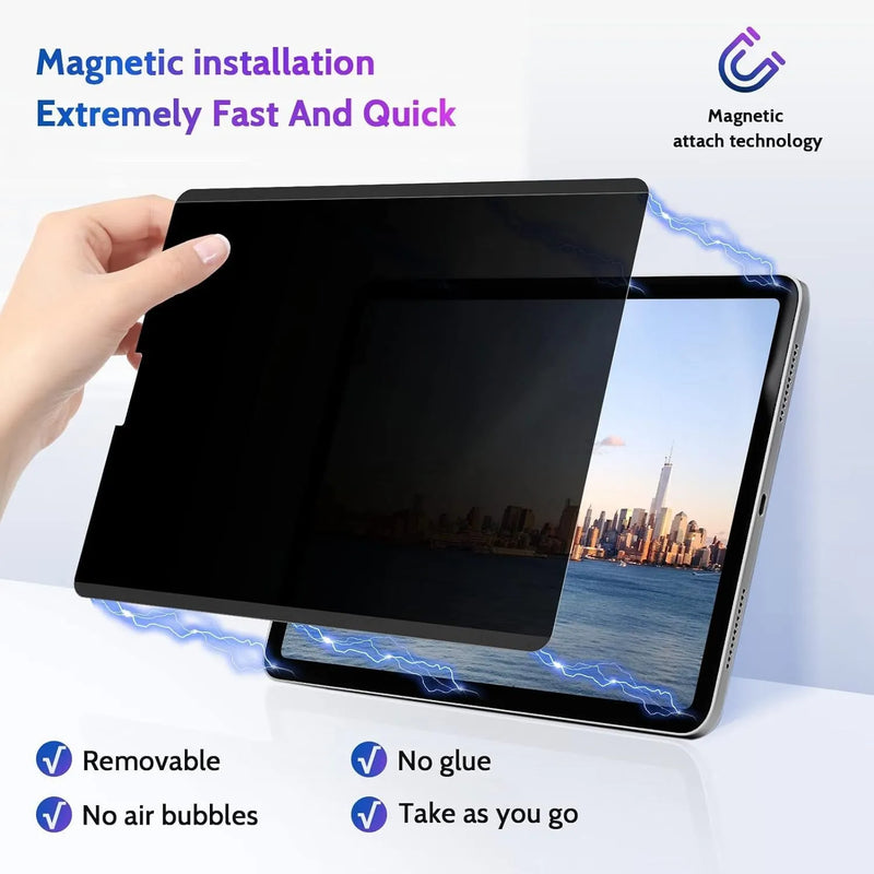 Magnetic suction anti-peeping film for iPads: paper-like texture with 360-degree privacy protection and easy installation across 20+ models from 7.9 to 12.9 inches