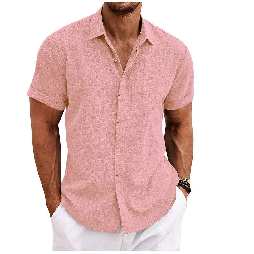 A versatile linen shirt in various colors, featuring a standing collar and short sleeves for a modern, tailored look.