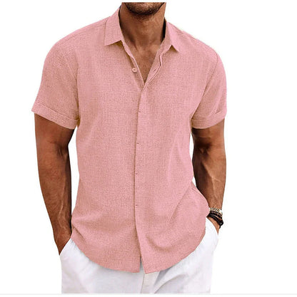A versatile linen shirt in various colors, featuring a standing collar and short sleeves for a modern, tailored look.