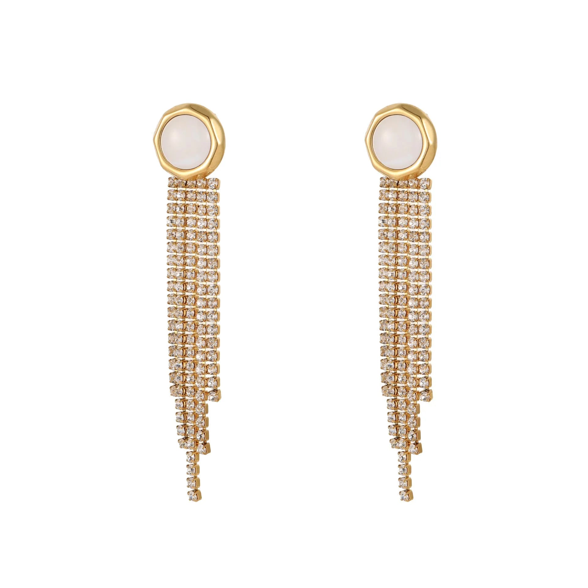 Gold-coloured women's earrings with a love heart shape, star details and dangling diamond-style tassels on a white background.