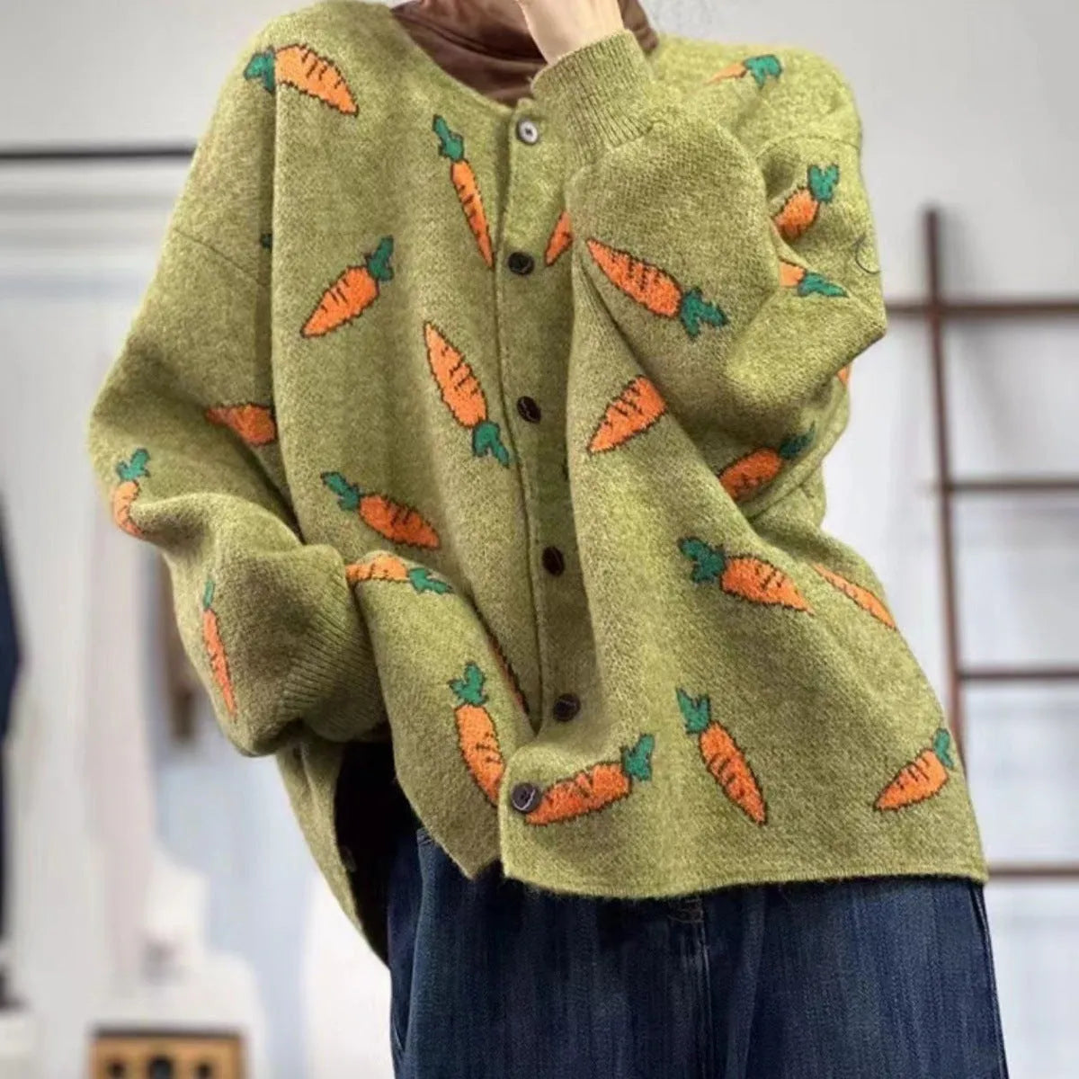 Round neck Mori artistic printing cardigan with colour contrast patterns, loose casual fit in free size