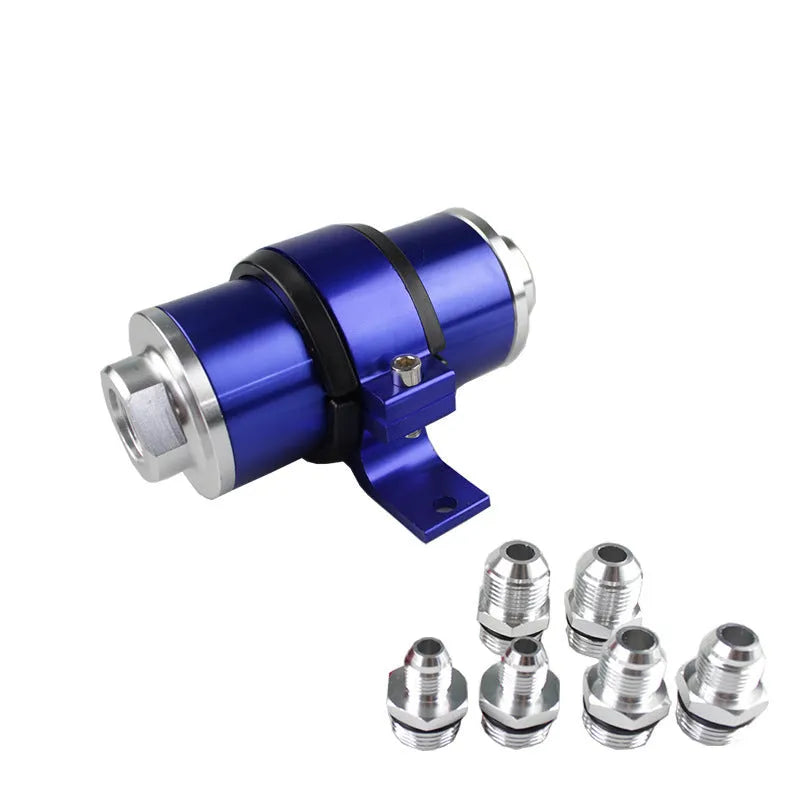 Aluminium petrol filter bracket in choice of six colours: black, silver, blue, red, gold, purple.