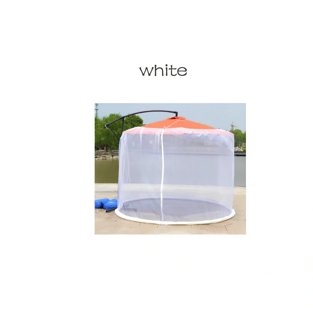 Black polyester mosquito net covering round patio umbrella with 300cm diameter protection