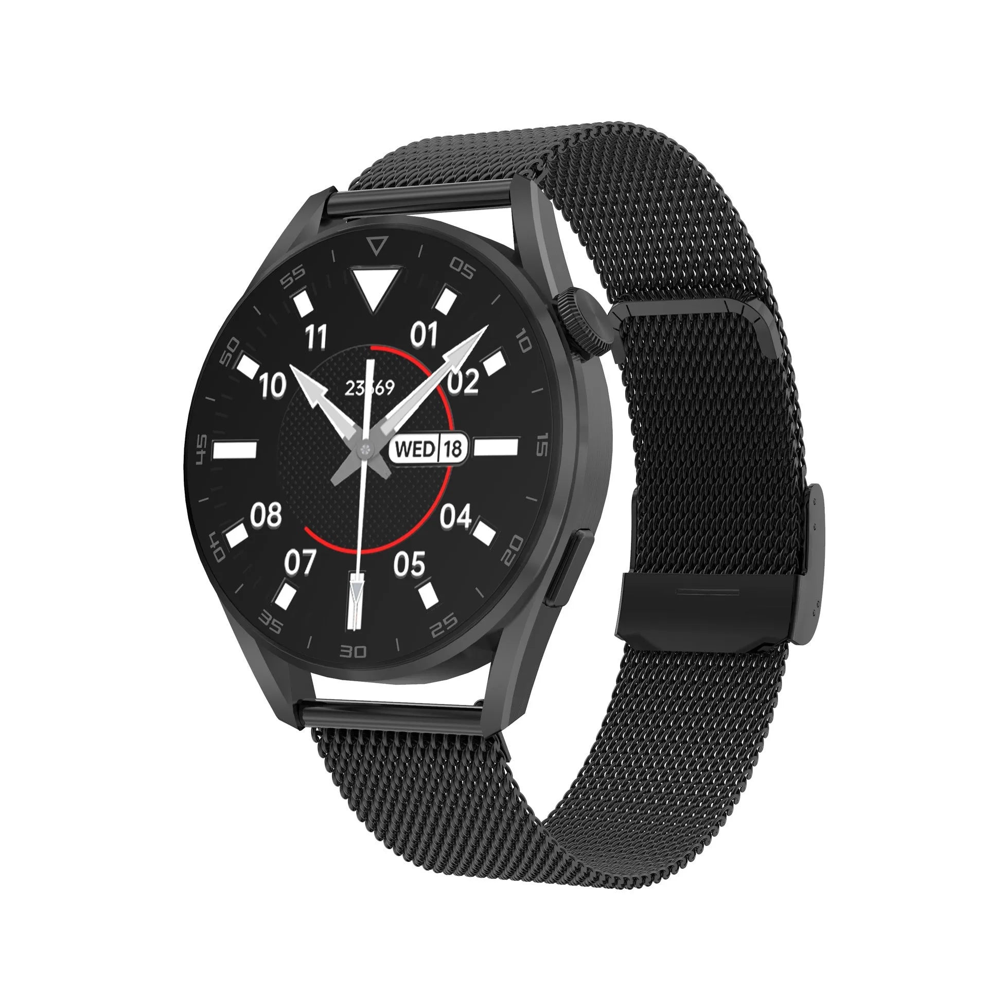 Black Bluetooth smart watch with metal strap showing call screen and barcode scanner function on 1.3-inch display.