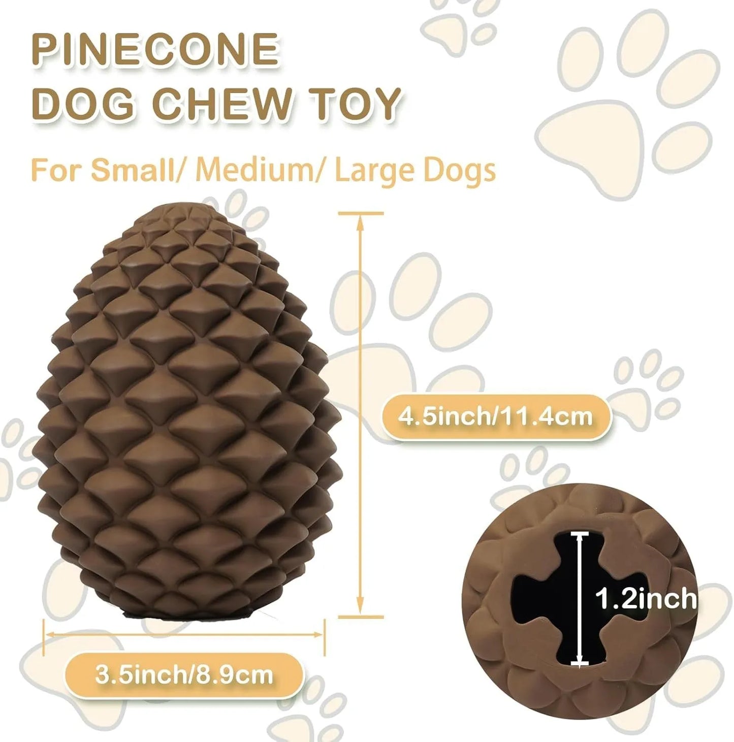 Pine cone-shaped yellow dog toy with treat dispenser, natural rubber construction, for medium to large breeds