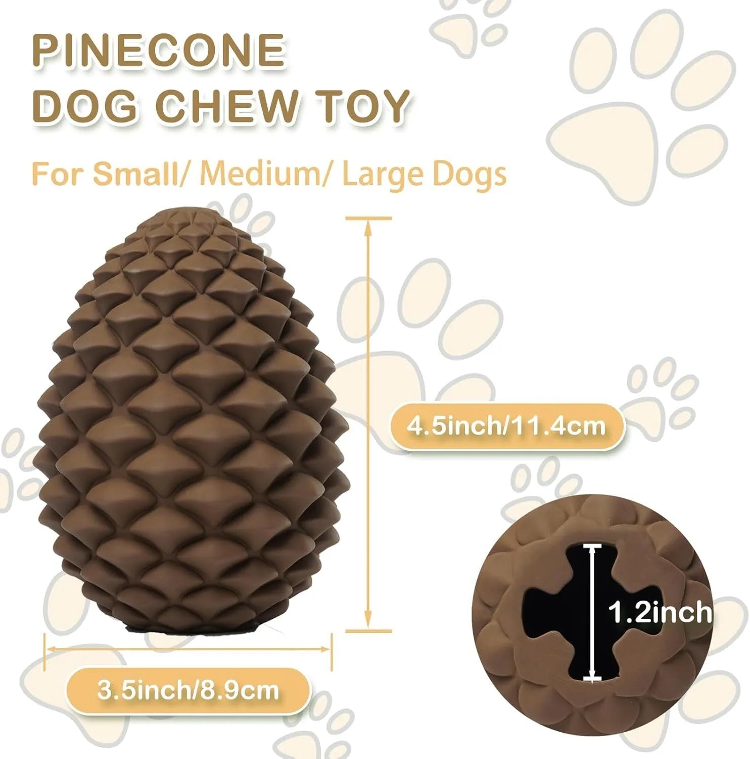 Pine cone-shaped yellow dog toy with treat dispenser, natural rubber construction, for medium to large breeds
