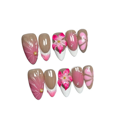 French style lily fluid ice flower three-dimensional press-on nails in almond shape