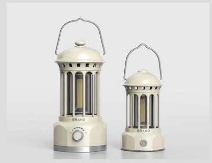 Black vintage-style iron camping lantern with USB charging and LED light, for tent and campsite use.