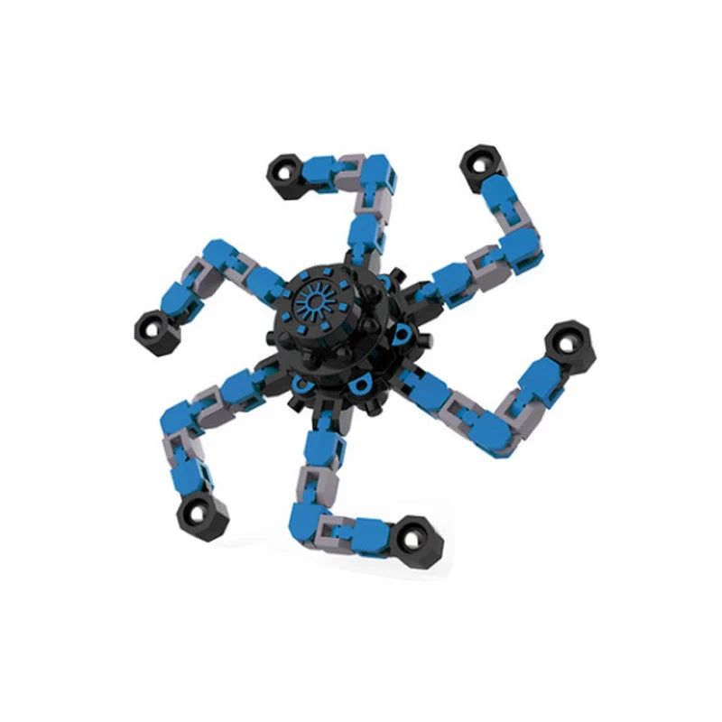 Transformable fidget spinner chain toy in various colors, including blue, red, and yellow, with a suction cup for hands-free spinning