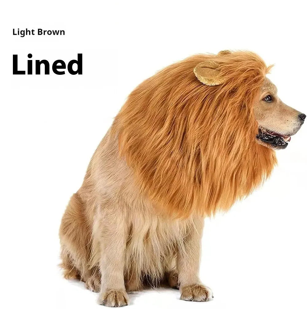 Dog wearing adjustable lion headdress costume with elastic neckband in light brown colour
