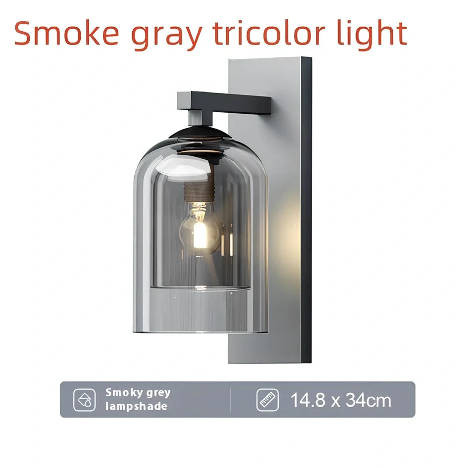 Nordic wall lamp with glass shade in amber colour, E27 holder, and compact 15 mm dimensions for wall mounting.