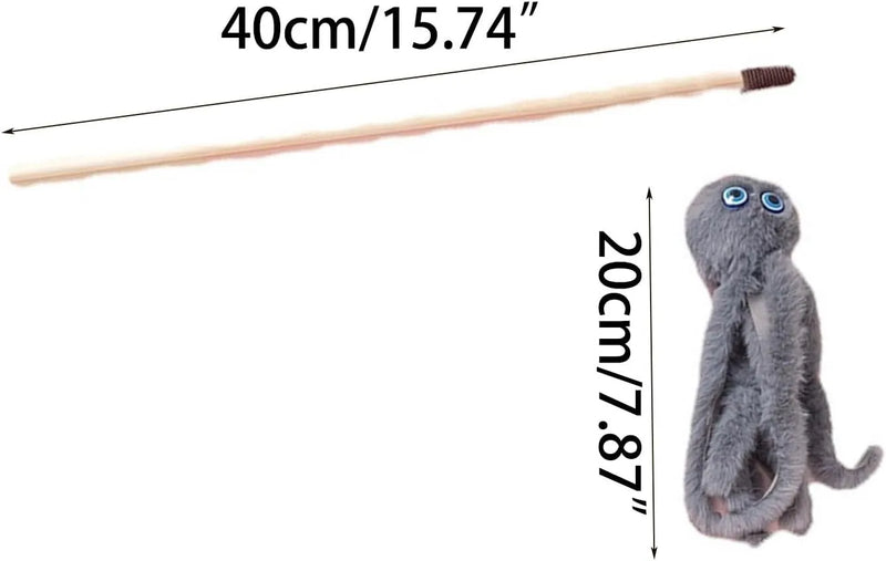 Indoor cat toy with long stick featuring furry octopus design and eyes for interactive kitten play, available in grey, pink, purple, and red colour options