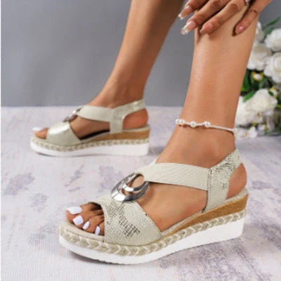 Women's Peep Toe Serpentine Wedges Sandals with unique circle design in various colors
