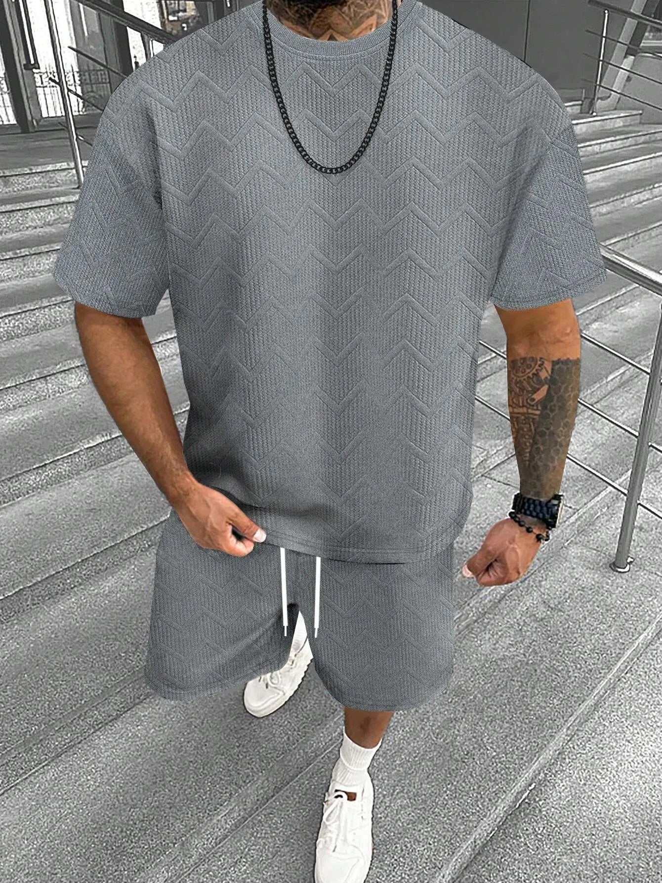 Men's short sleeve shorts suit with 3D digital printed pattern in polyester blend fabric