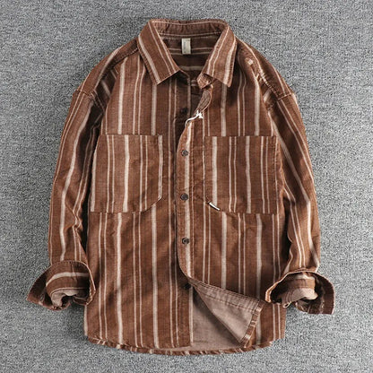 Men's vintage striped shirt with yarn-dyed fabric in loose Japanese retro style