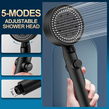 High-pressure shower head with customizable five-speed settings, premium ABS construction, and sleek modern design
