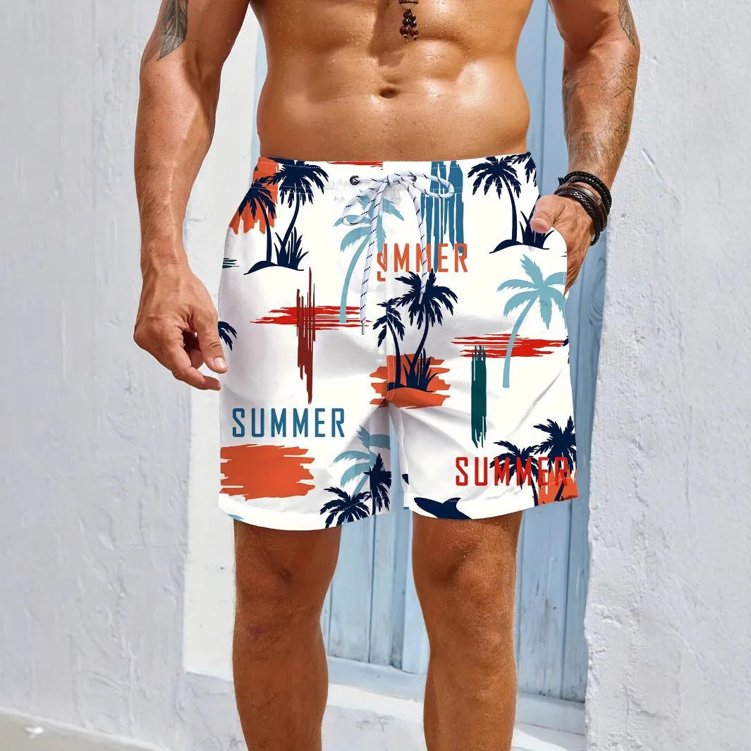 Men's micro-elastic quick-drying swimming trunks in polyester fabric showing colour and fit details