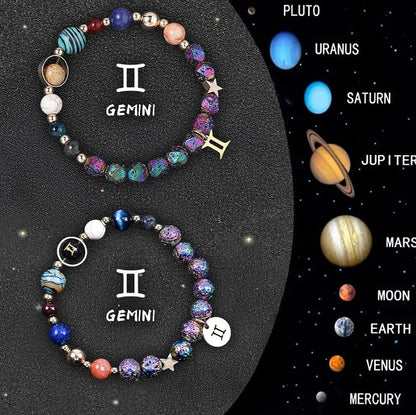 Adjustable natural stone zodiac beaded bracelet showing twelve different sign styles with 8mm beads