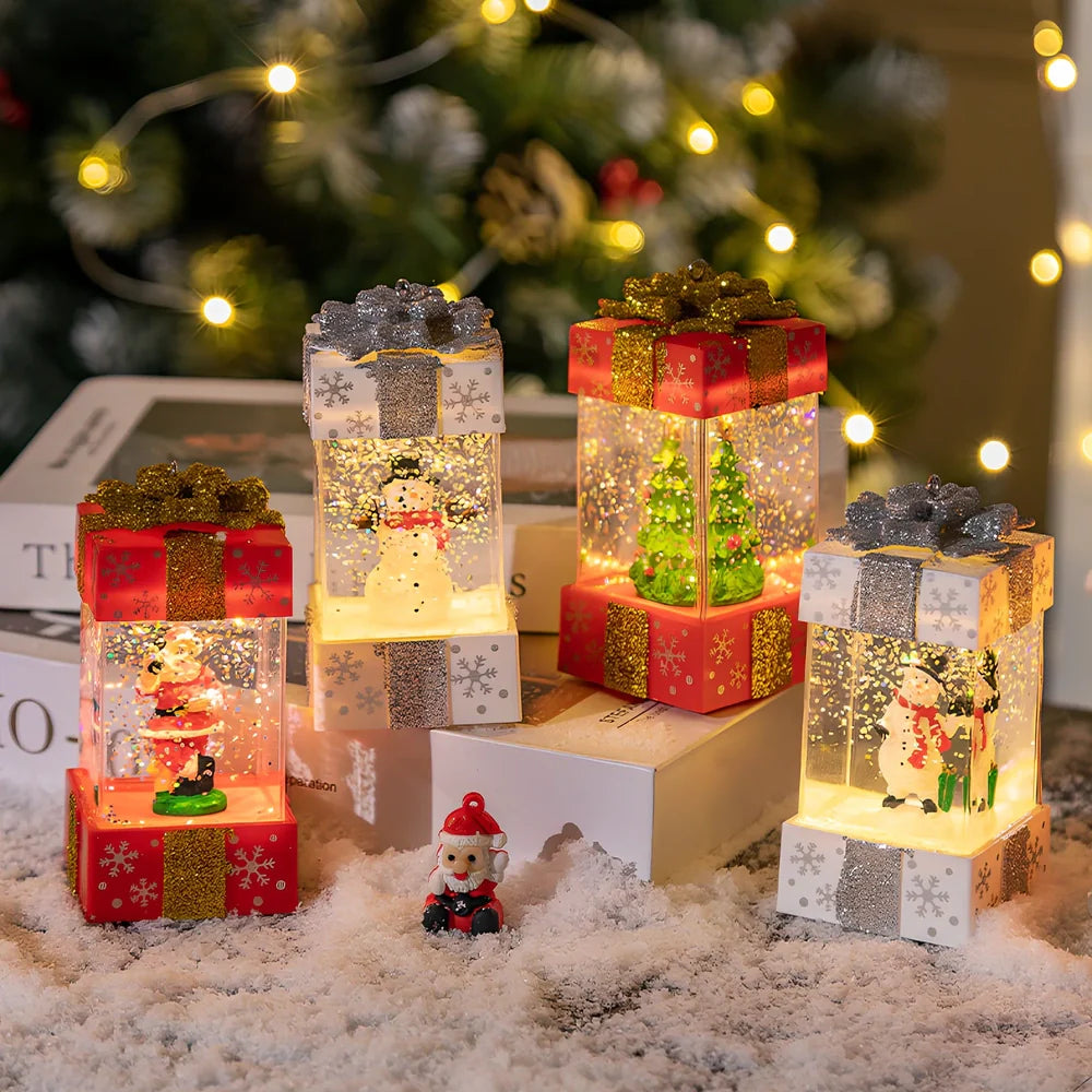 Christmas crystal ball light with cartoon character in 5.5cm plastic gift box
