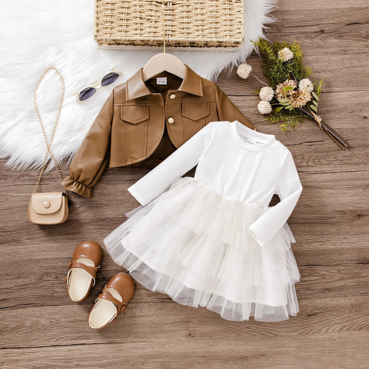 Korean-style children's two-piece set with cotton coat and dress in brown or black, long sleeves, sizes 6-9M to 2-3Y
