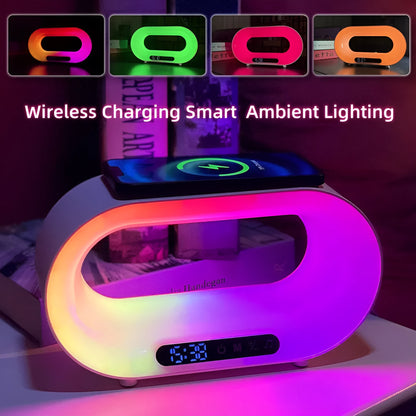 White smart bedside lamp with wireless charging pad, LED lighting, and digital alarm clock display