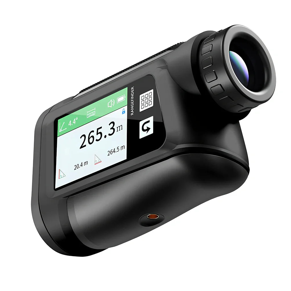 Black golf laser rangefinder with touch screen display showing distance measurement