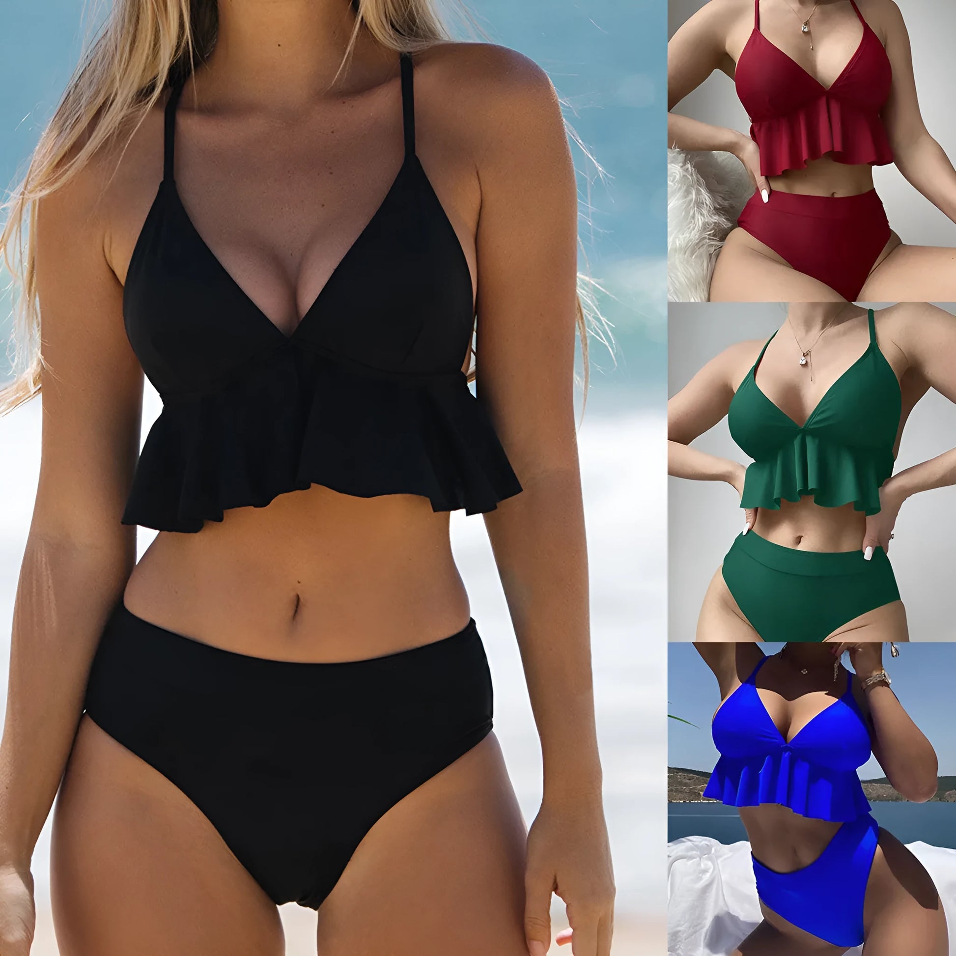 Women's solid colour split bikini swimsuit in black, green, red, or blue.