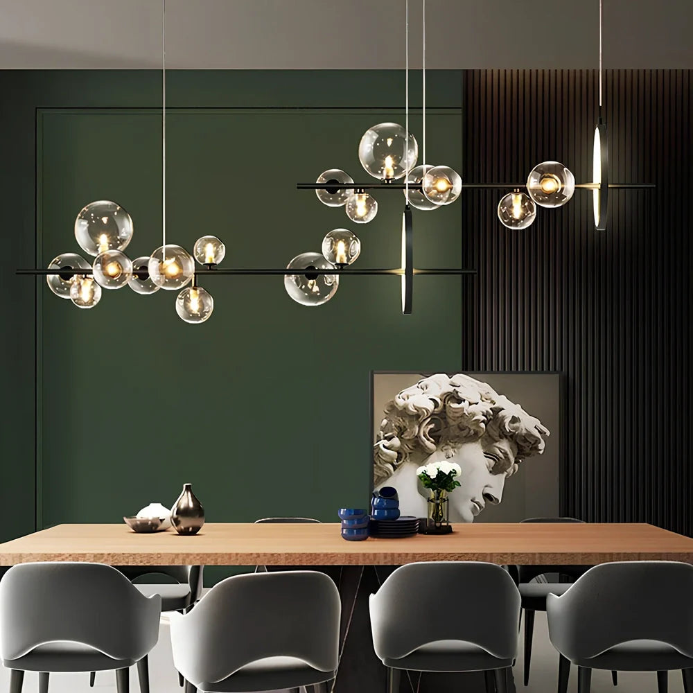 Glass ball chandelier with iron frame in spherical design, showing LED lighting and push-button switch