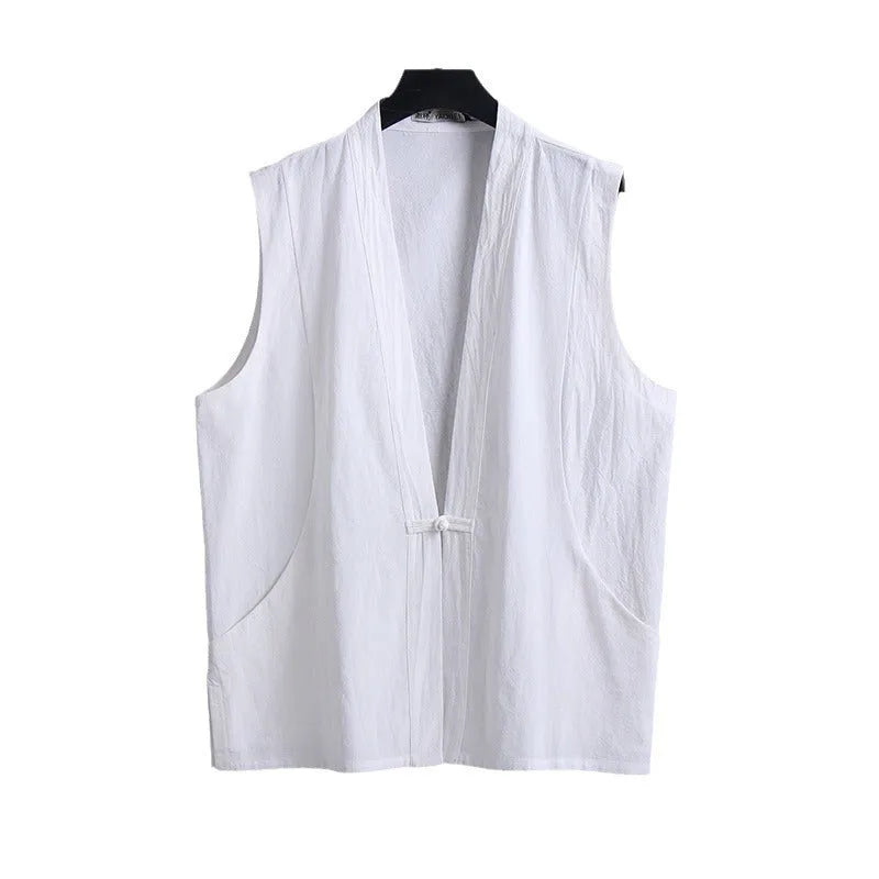 Men's solid colour linen sleeveless vest in loose fit for summer wear