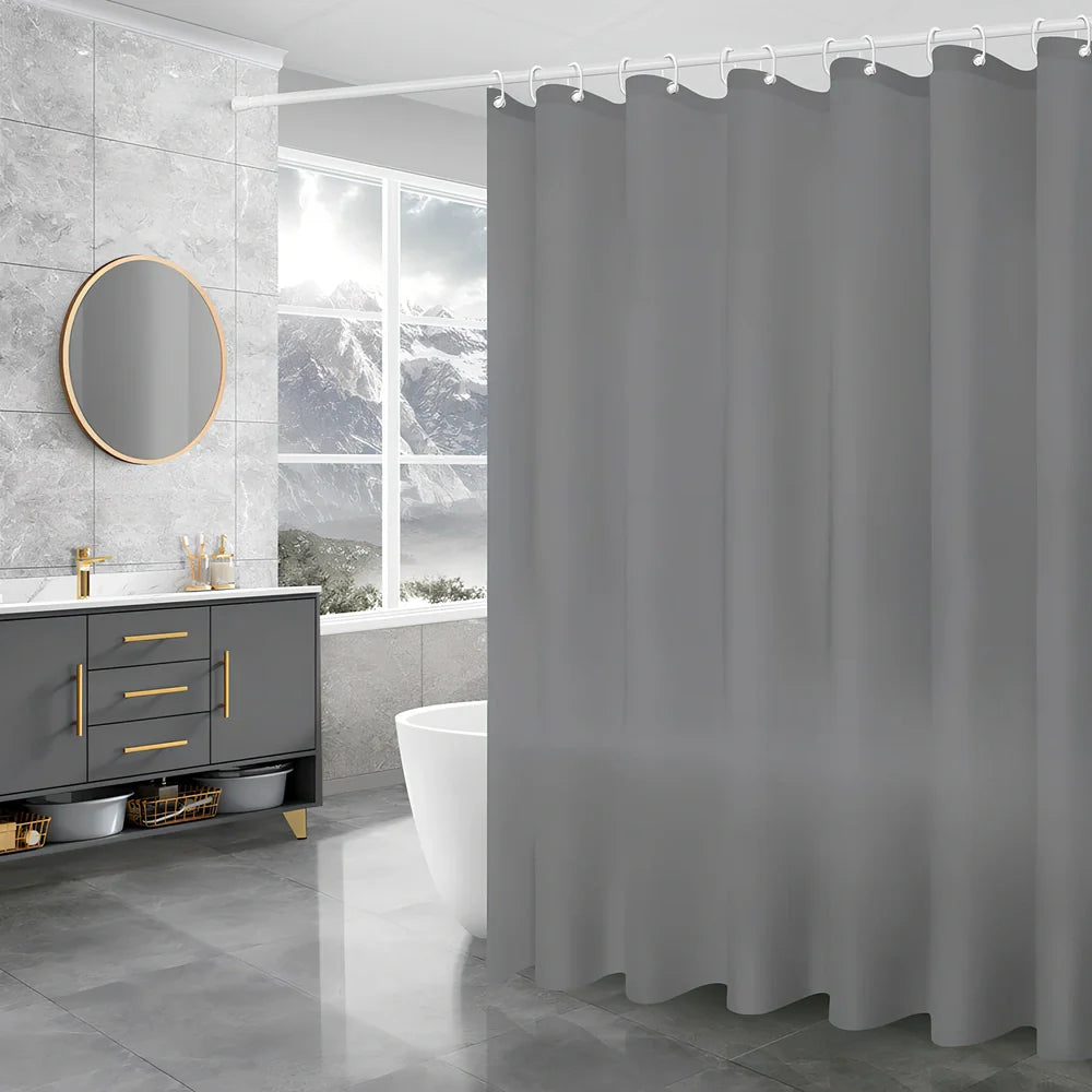PEVA shower curtain with geometric pattern and stainless steel buttonholes in bathroom setting