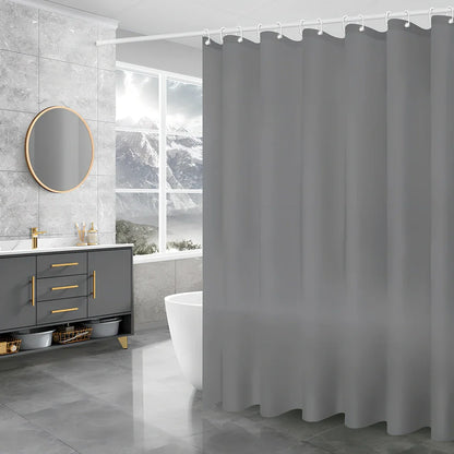 PEVA shower curtain with geometric pattern and stainless steel buttonholes in bathroom setting