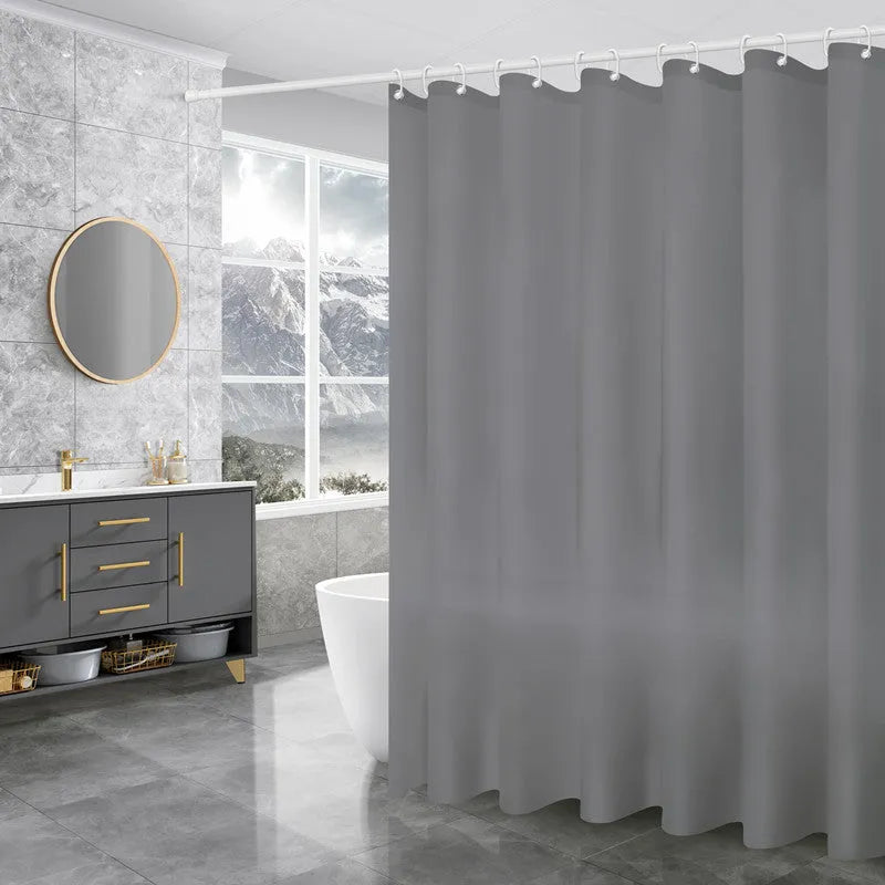 PEVA shower curtain with geometric abstract pattern and stainless steel buttonholes, available in multiple sizes and colours