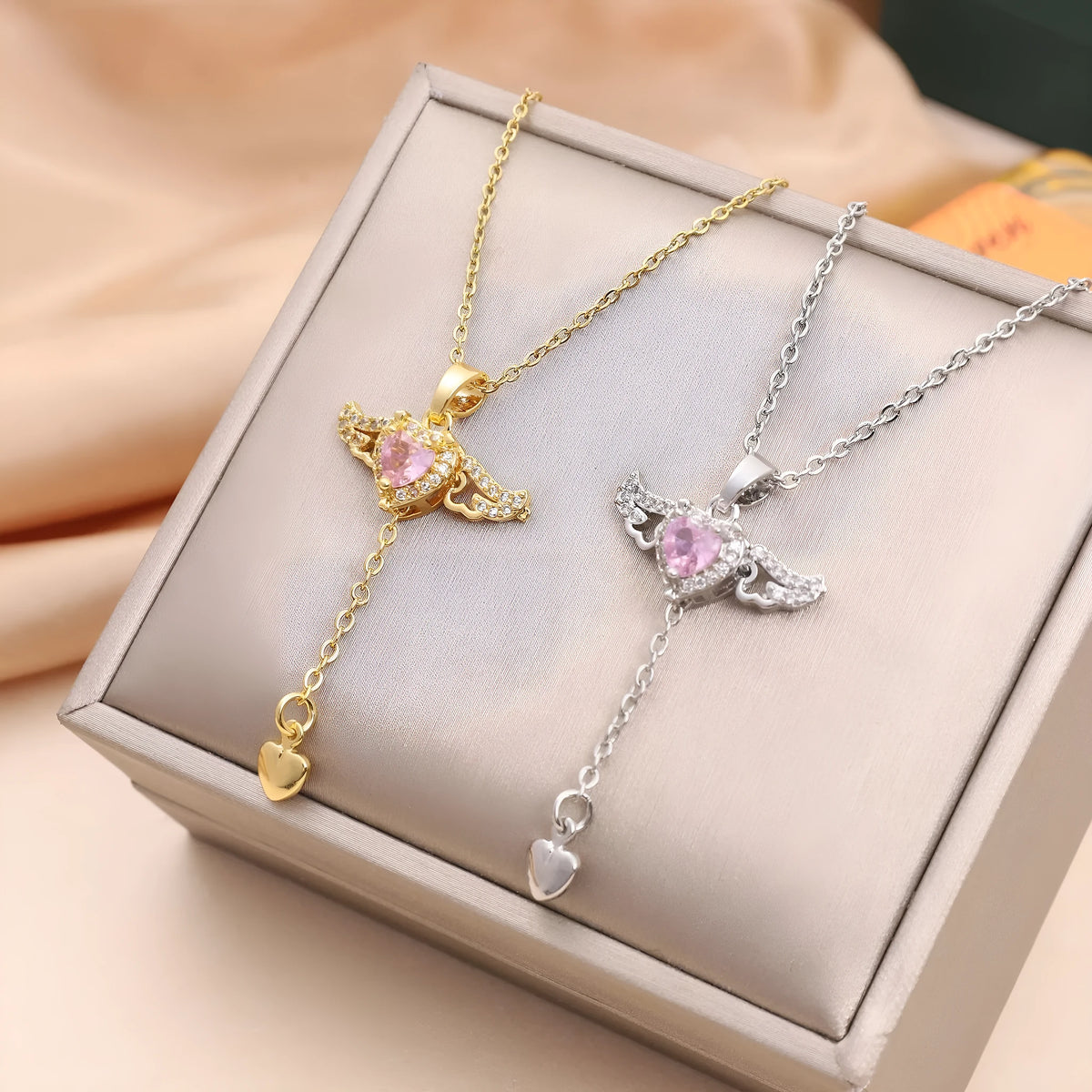 Cupid heart angel wings necklace with titanium steel, zircon crystal and 41-50cm O-shaped chain in silver or gold