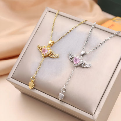 Cupid heart angel wings necklace with titanium steel, zircon crystal and 41-50cm O-shaped chain in silver or gold