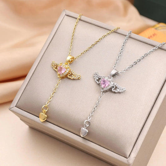 Captivating Cupid Heart Necklace with Fluttering Angel Wings, Crafted from Premium Titanium Steel and Adorned with Shimmering Zircon Crystals