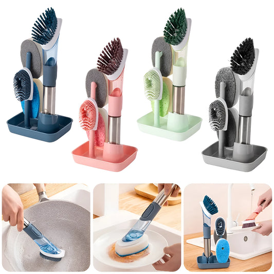 Long-handled kitchen cleaning brush with a soap dispenser button and a blue sponge head