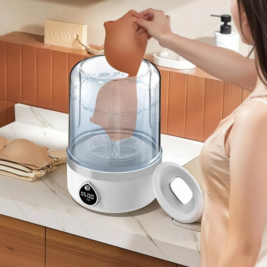 Portable white mini washing machine with USB cable showing 13.5cm width and compact design