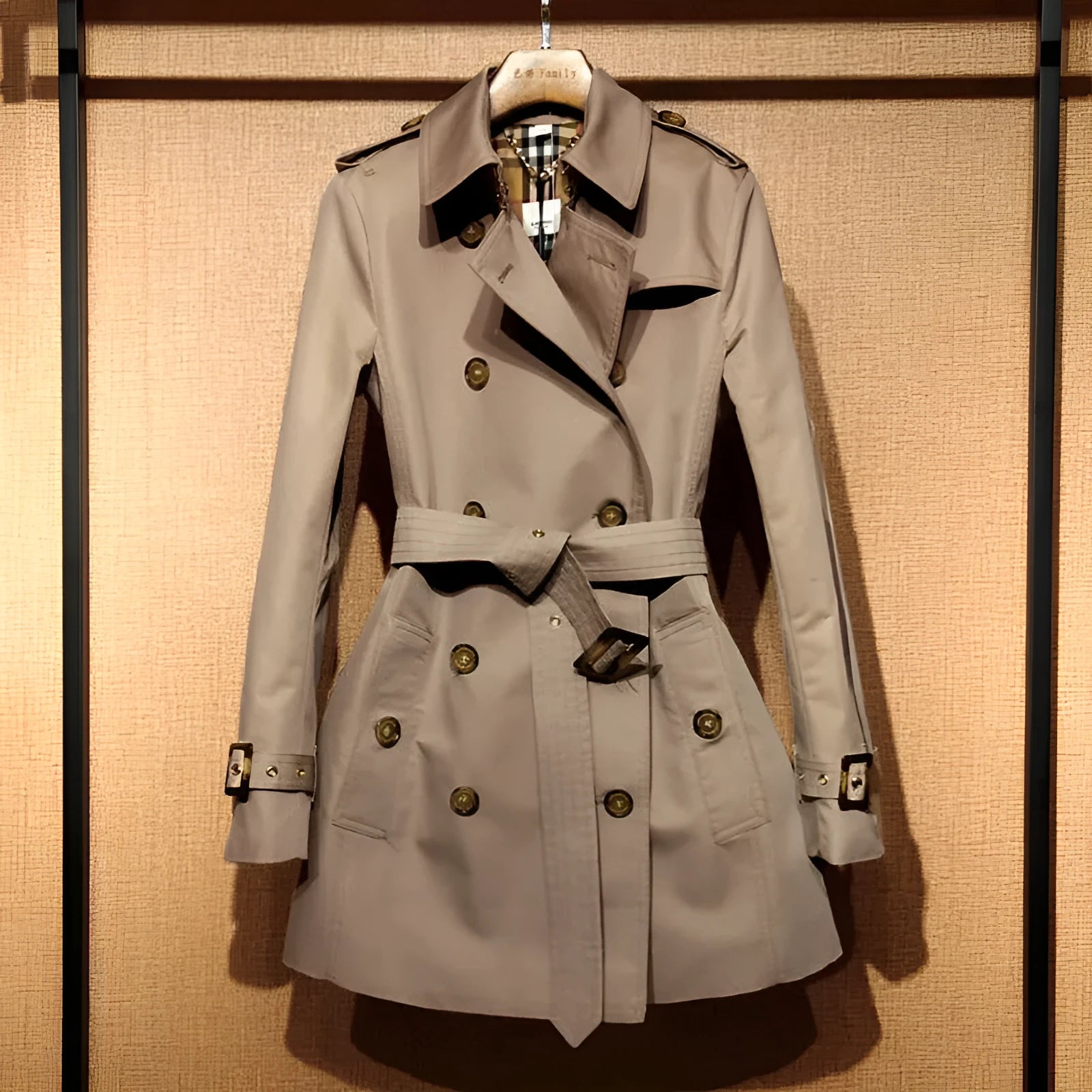 Khaki women's trench coat with double-breasted front and structured shoulder detailing