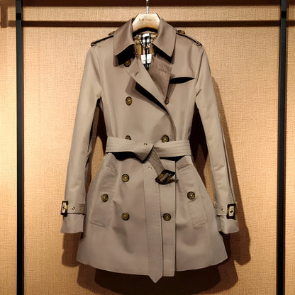 Khaki women's trench coat with double-breasted front and structured shoulder detailing