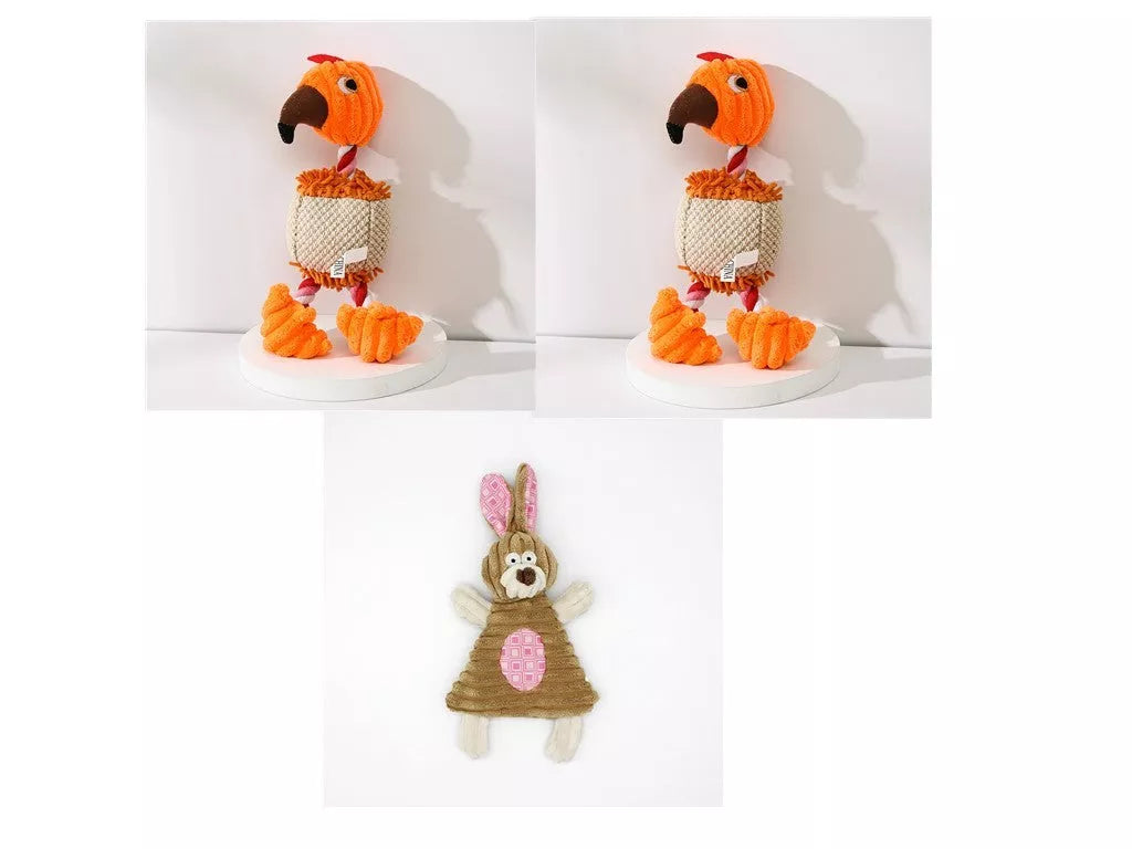 Donkey-shaped corduroy chew toy for dogs with squeaker, available in white, brown, and gray