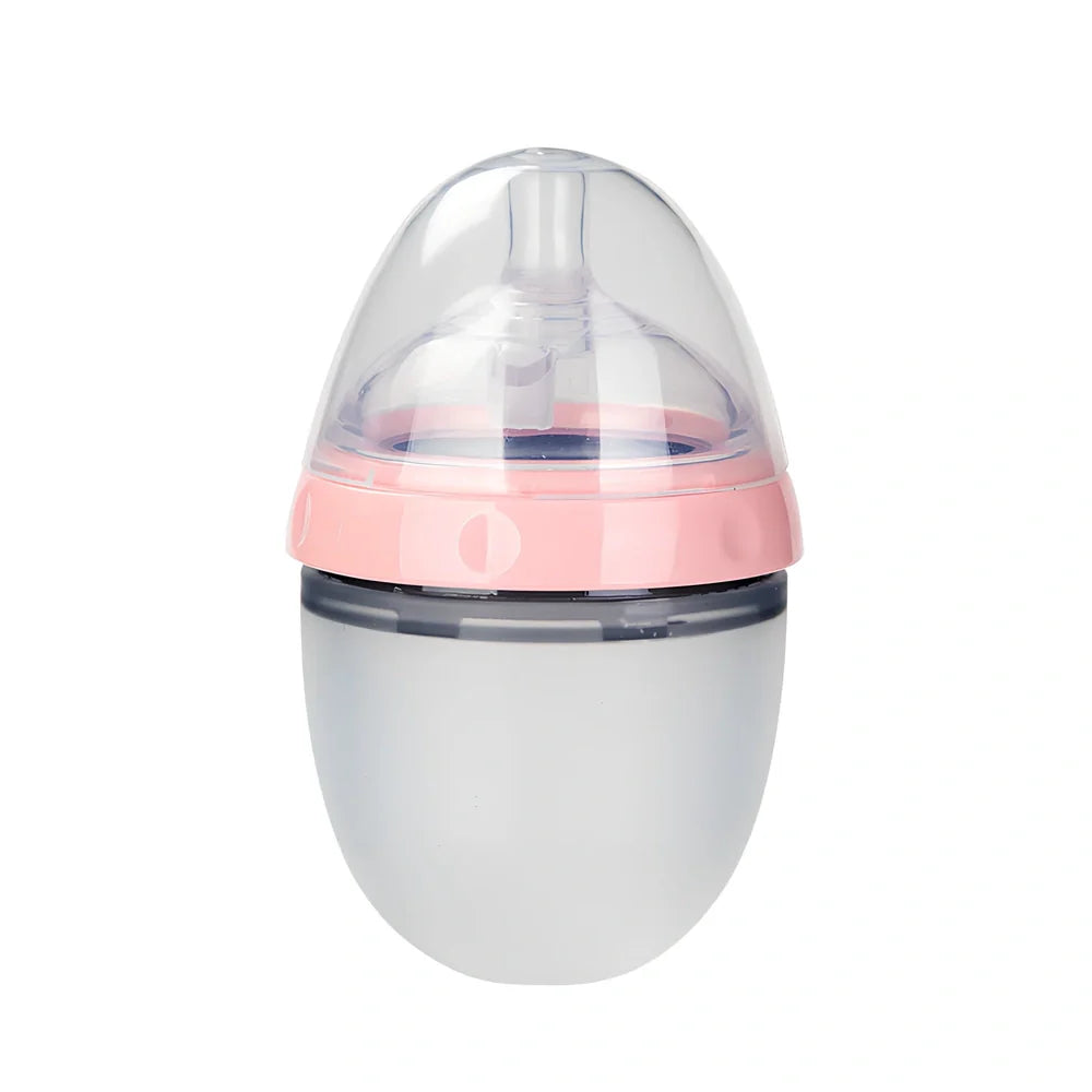 Pink and green silicone baby feeding bottles showing 4cm wide opening and soft flexible construction