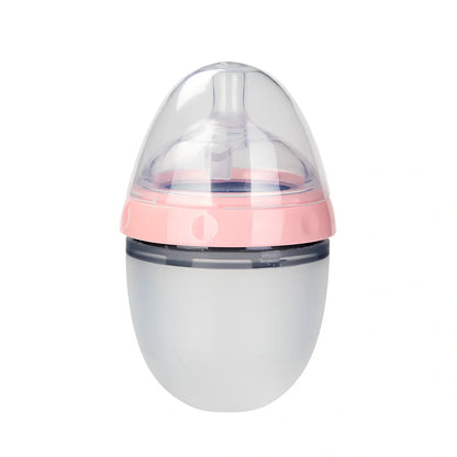 Pink and green silicone baby feeding bottles showing 4cm wide opening and soft flexible construction