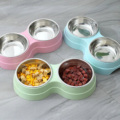 Double pet bowl with stainless steel insert and straw base in blue, showing separate food and water compartments