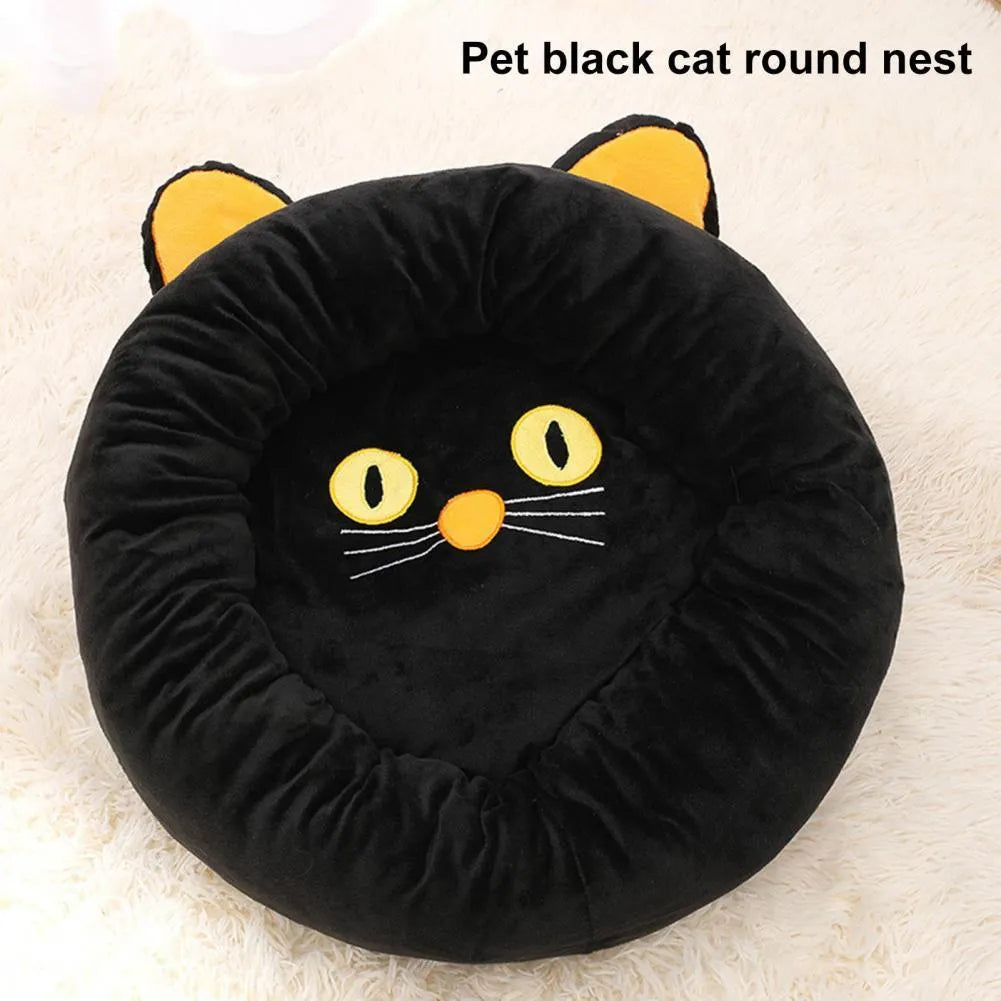 Black cat-shaped velvet pet nest bed with raised edges showing S and M size options