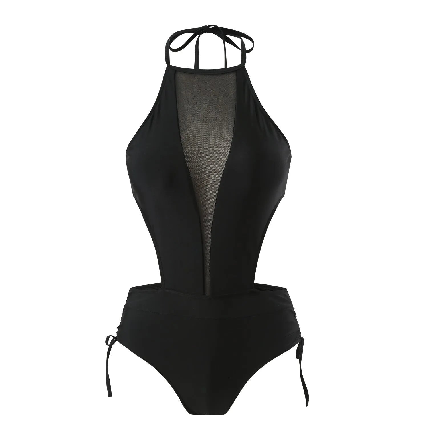 Black women's one-piece swimsuit showing nude back and hollow-out strap design.