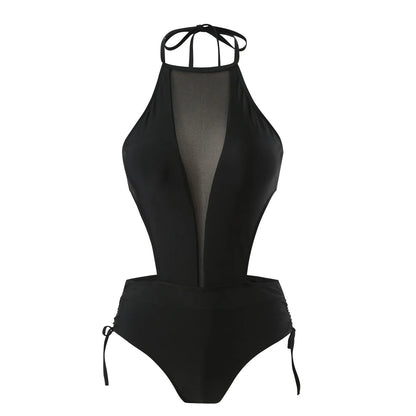 Black women's one-piece swimsuit showing nude back and hollow-out strap design.