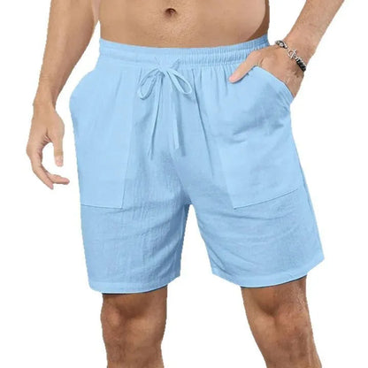 Men's straight leg linen shorts in light blue on a plain background