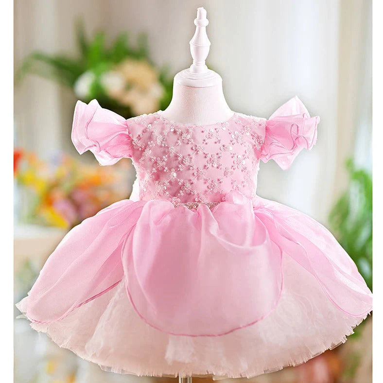 Children's pink flounced sleeve pettiskirt dress with princess styling for birthday parties