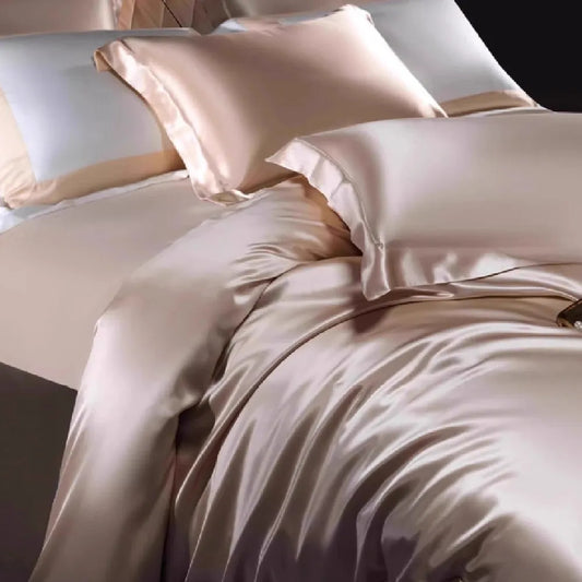 Household Fashion silk four-piece quilt cover set in solid colour showing 100% silk material texture and light luxury design