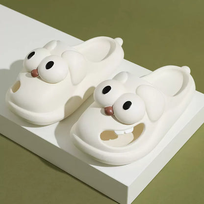 Cartoon Big Eye Dog Slippers for Women in green, white, pink, yellow, and black